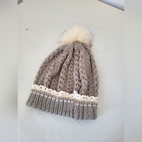Etcetera Accessories - Etc. Gray Cable Knit Beanie Hat Lace Pom Pom Faux Fur Snow Bunny Winter Lolita